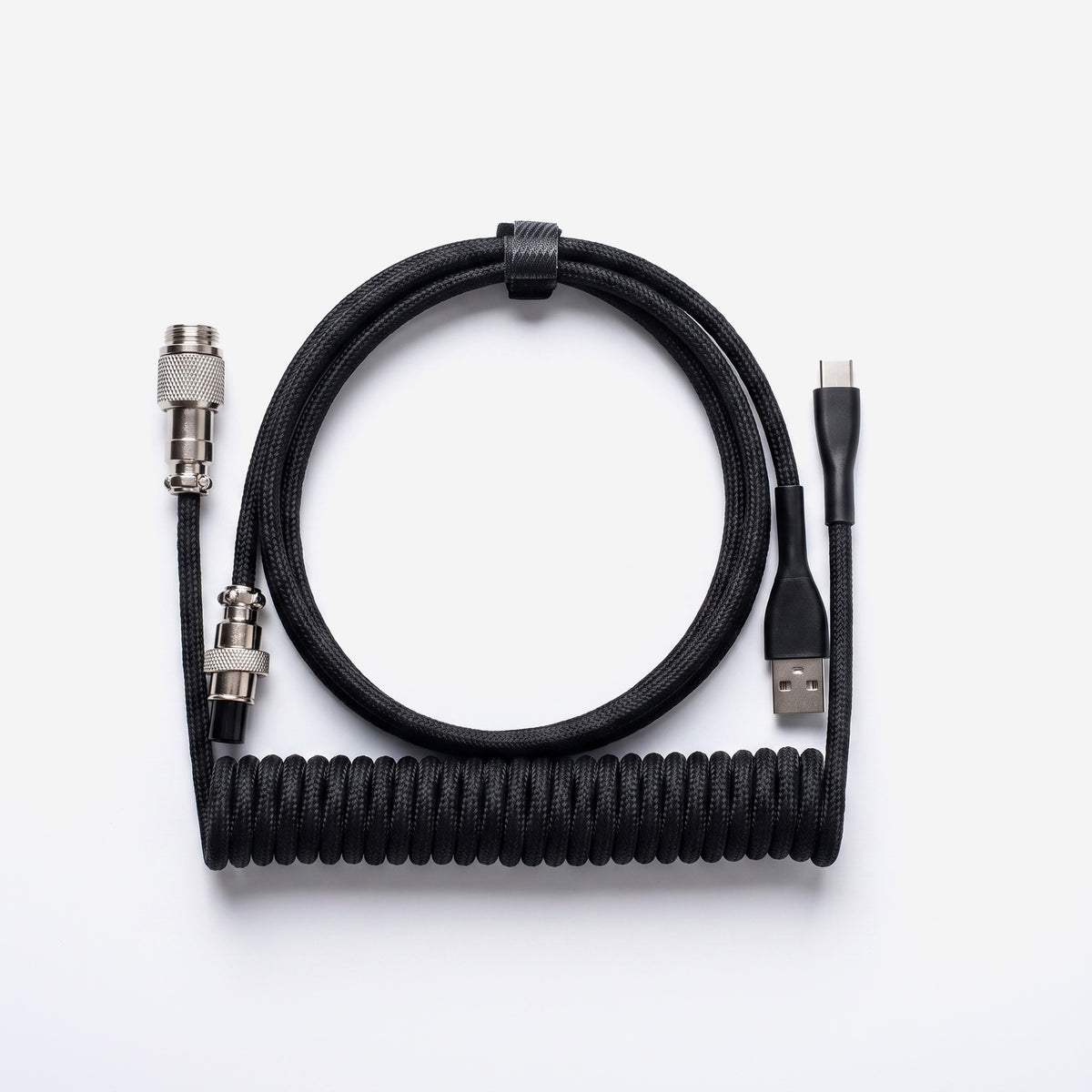 Onyx Black coiled braided USB-A to USB-C keyboard cable with detachable GX12 aviator connector