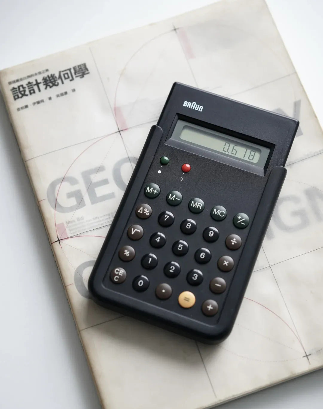 Lay the calculator on a design-geometry book to frame the 0.618 on its display.