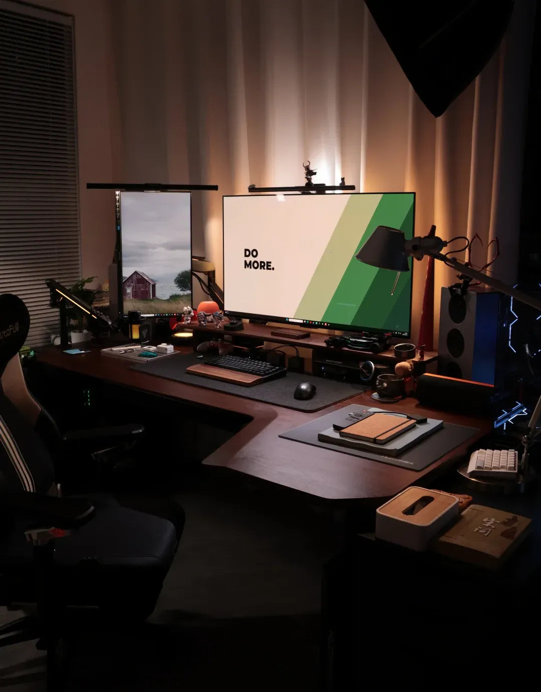 Arrange an L-shaped walnut desk with dual monitors to fill a small room without crowding it.