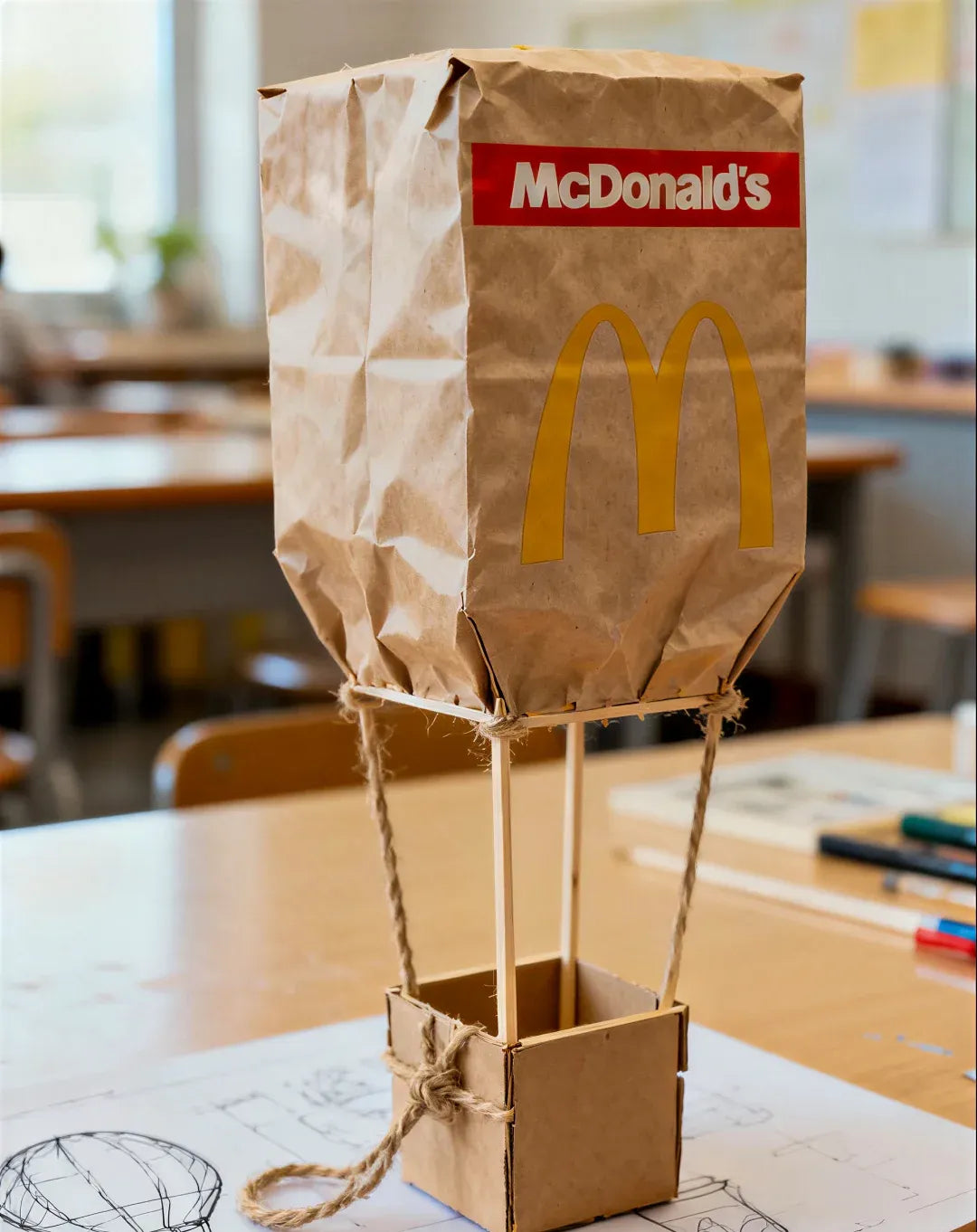Invert the takeout bag and frame its open end with thin wood strips to hold the balloon shape.
