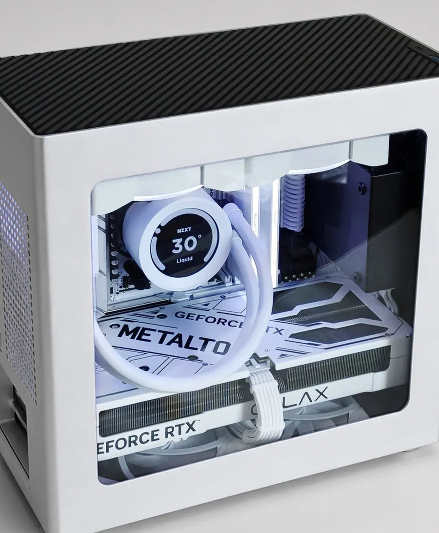 Look through the window at how the AIO, GPU, and cables share the space.